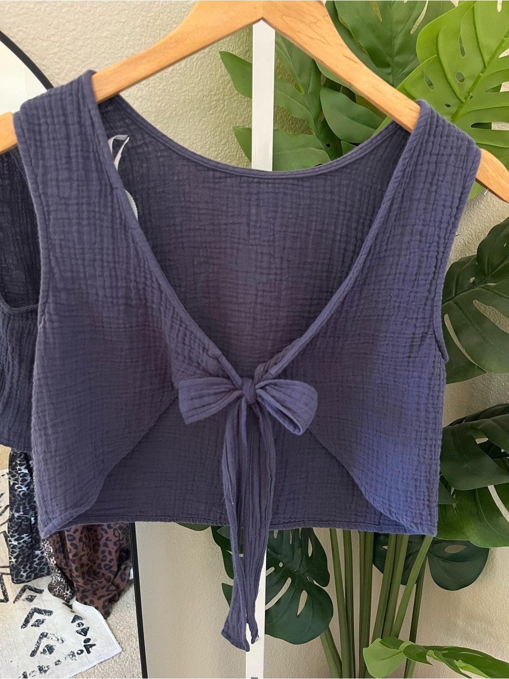 ✨ Navy Blue Cotton Gauze Tie Front Crop Top XS | Coastal Boho Minimalist Chic - Picture 5 of 5